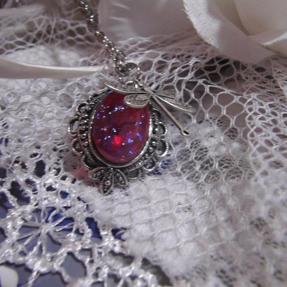 DRAGONS BREATH FIRE OPAL STONE NECKLACE DRAGONFLY - Picture 2 of 12
